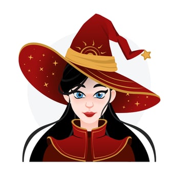 Pretty asian stargazer witch avatar for advertising. Halloween magician girl in big hat with space. Ancient costume vector