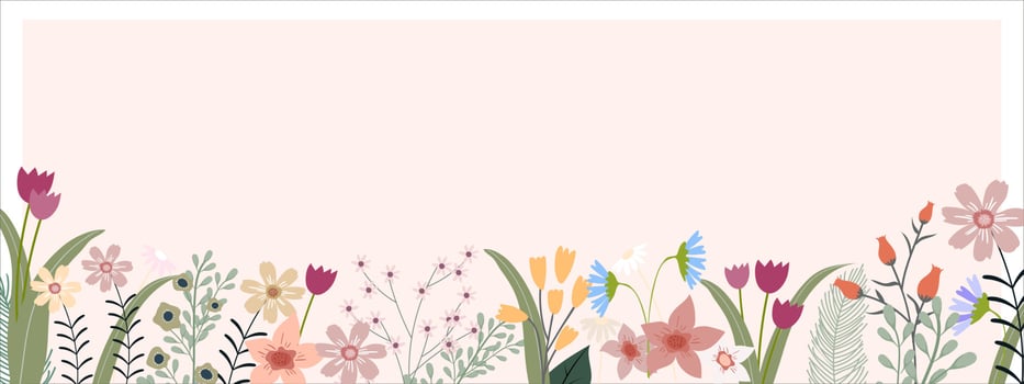 Spring banner with multicolour flowers and leaves on border in peach background, Vector horizontal backdrop of cute blooming flora frame, Beautiful botanical for Mother day or Summer Holiday card