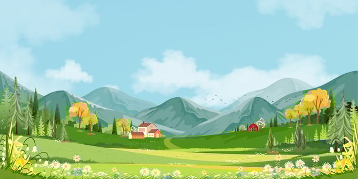 Panorama landscape of spring village with green meadow on hills with blue sky, Vector Summer or Spring landscape, Panoramic countryside of green field with farmhouse, barn and grass flowers