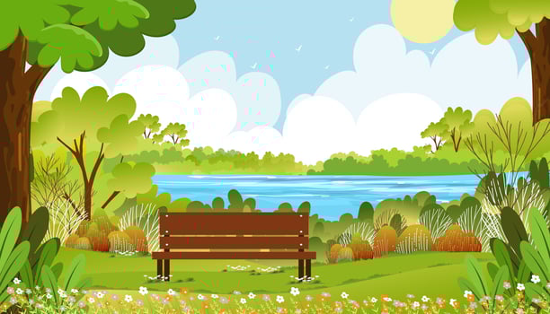 Spring landscape wonderland by theriver with grass field forest in morning,Vector banner backdrop Summer time in the park,Green park with grass and flower blooming,Cute Natural background for kids vector