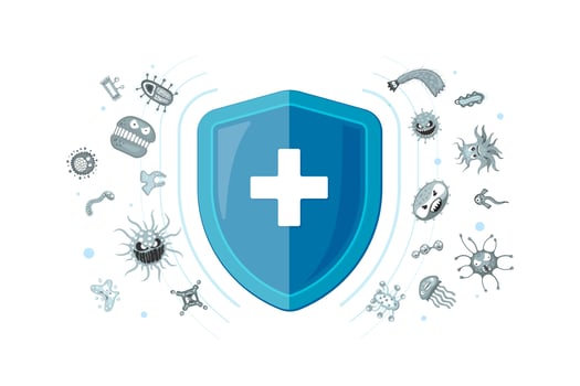 Immunity hygienic medical prevention blue hygienic shield protecting from virus germs and bacteria. Immune system banner design concept. Microbiology and medicine vector eps illustration