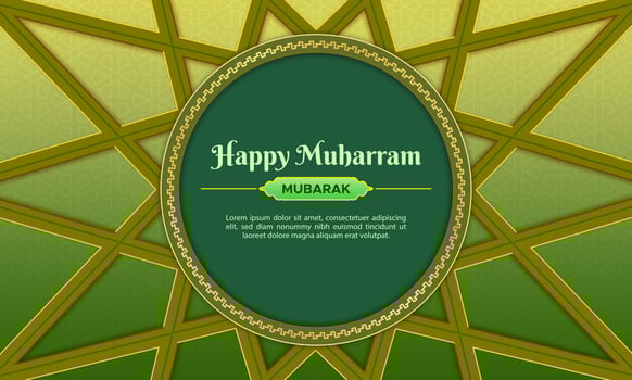 Happy Muharram greeting card with circle shape ornament and Islamic pattern. Suitable for banner and social media cover. vector