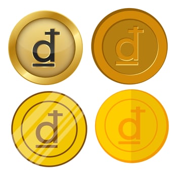 four different style gold coin with dong currency symbol vector set