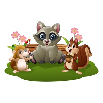 Cartoon funny hedgehog with raccoon and squirrel vector