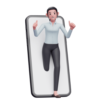 businesswoman appears from inside the phone screen while giving a thumbs up png