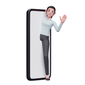 smart girl appears from the big phone screen and says hi wearing blue shirt png