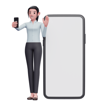 businesswoman standing while making video call and waving hand on big phone background png