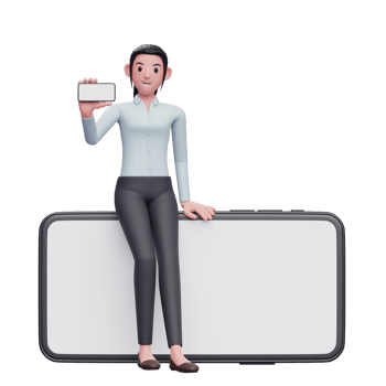 business woman sitting casually on a landscape phone while showing the phone screen png