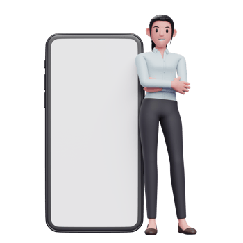 woman wearing blue shirt leaning on phone with big white screen png