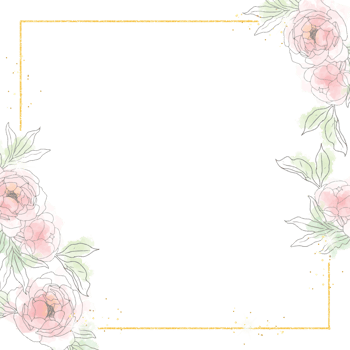 loose watercolor doodle line art peony flower bouquet with gold glitter frame minimal square banner background png