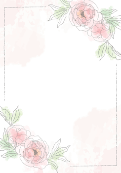 pink loose watercolor line art peony flower bouquet frame 5x7 invitation card wash splash background template collection png