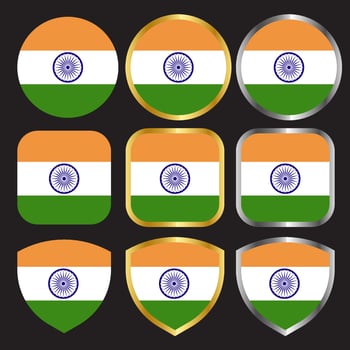 indian flag vector icon set with gold and silver border