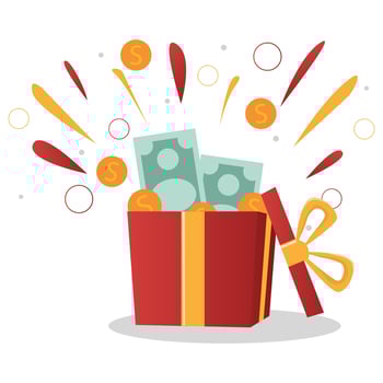 Surprise box with cash prizes. Concept of cashback service, discount and loyalty card, customer service, online shopping, earn point. Vector illustration flat design