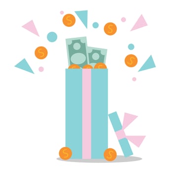 Surprise box with cash prizes. Concept of cashback service, discount and loyalty card, customer service, online shopping, earn point. Vector illustration flat design