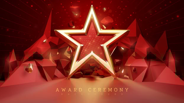 Award ceremony background with 3d golden star elements and stone decoration with glitter light effects and bokeh. vector