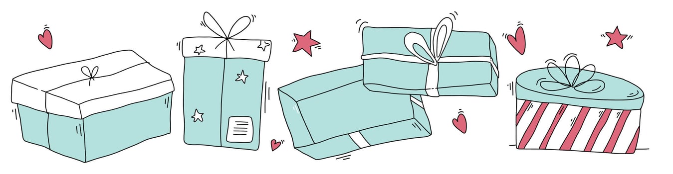 Set of gift boxes in doodle stile. Cute hand drawn presents for Birthday or valentines day. vector