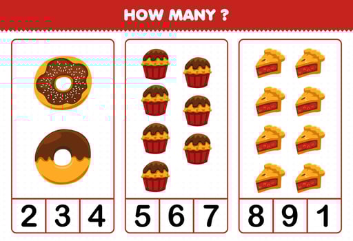 Education game for children counting how many cartoon food donut cupcake pie vector