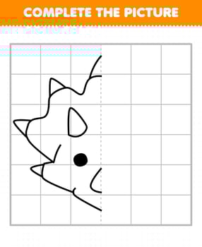 Education game for children complete the picture cute cartoon prehistoric dinosaur triceratops head half outline for drawing vector