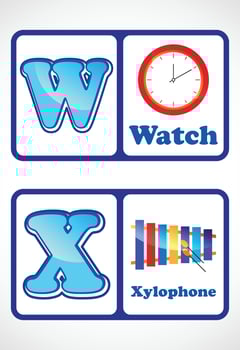 Alphabet flashcards for kids. Educational preschool learning ABC card with an element. vector
