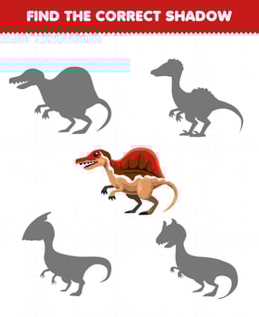 Education game for children find the correct shadow set of cute cartoon prehistoric dinosaur spinosaurus vector