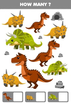 Education game for children searching and counting activity for preschool how many cartoon prehistoric dinosaur carnotaurus triceratops xenoceratops vector
