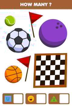 Education game for children searching and counting how many objects like geometric shape square circle triangle cartoon basket bowling tennis soccer ball chess board flag vector