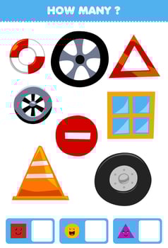 Education game for children searching and counting how many objects like geometric shape square circle triangle cartoon lifebuoy tire wheel traffic cone emergency sign window vector