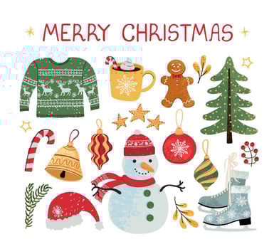 Vector modern colorful set with hand drawn doodle illustrations of Christmas objects and lettering, stickers. Use it as elements for design greeting cards , poster, card, packaging paper design
