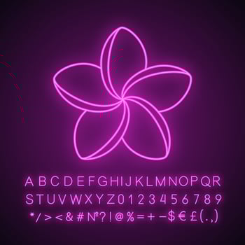 Spa salon plumeria flower neon light icon. Aromatherapy. Glowing sign with alphabet, numbers and symbols. Vector isolated illustration