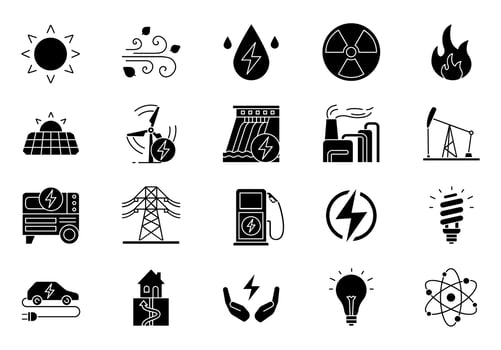 Electric energy glyph icons set. Electricity. Power generation and accumulation. Electric power industry. Alternative energy resources. Silhouette symbols. Vector isolated illustration