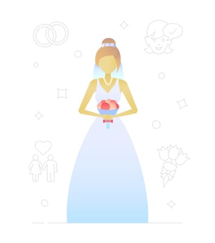 Bride flat character design. Woman in wedding dress. Marriage celebration. Vector isolated illustration