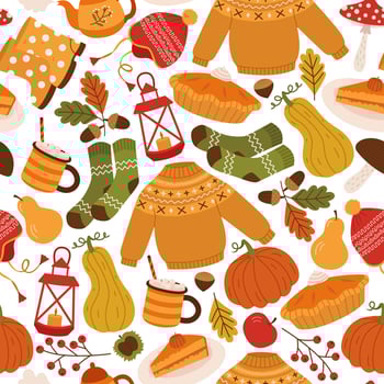 Vector seamless background with cozy elements. Autumn pattern with sweater, socks, pie, cocoa, pumpkins, teapot, leaves and acorns. Bright repeating texture. Wrapping paper.