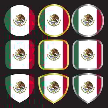 mexico flag vector icon set with gold and silver border
