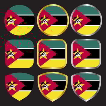 mozambique flag vector icon set with gold and silver border