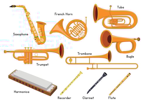 Set of wind musical instruments vector design. Saxophone, trumpet, French horn, tuba, trombone, bugle, harmonica, recorder, flute, clarinet. Brass musical instruments clipart