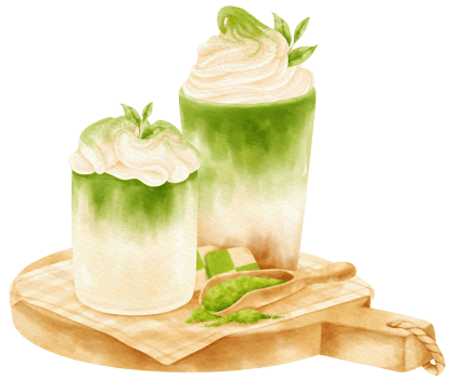 Matcha green tea latte drink composition watercolor png