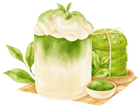 Matcha green tea latte drink composition watercolor png