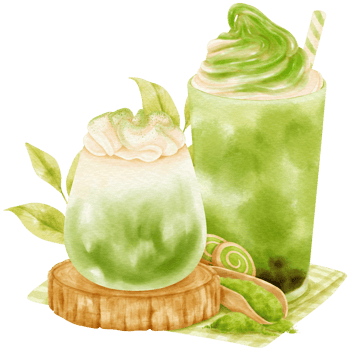 Matcha green tea latte drink composition watercolor png
