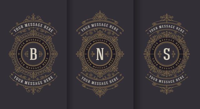 Flourishes and ornamental vector vintage design for greeting card or wedding invitation. Retro monogram logo set.