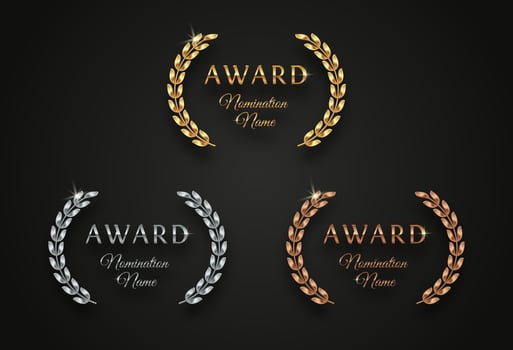 Award sign with laurel wreath - golden, silver and bronze variants, isolated on black background. Award sign vector set.