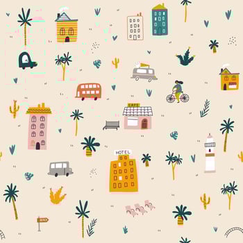 Seamless pattern cute city map with houses and car. City design. Kids print. Vector illustrations