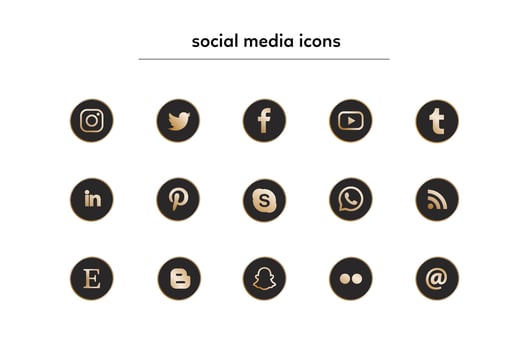 Collection of popular social media icons in black and gold vector