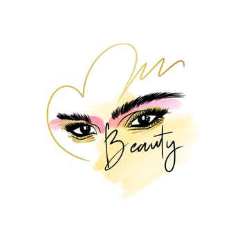 Beauty, handwritten quote. Fashion sketch of eyebrows and eyes with long eyelashes and golden makeup vector
