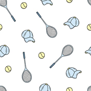 Seamless pattern of tennis rackets and ball. Vector illustration of sports equipment background, healthy and active lifestyle concept