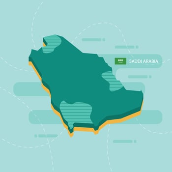 3d vector map of Saudi Arabia with name and flag of country on light green background and dash.