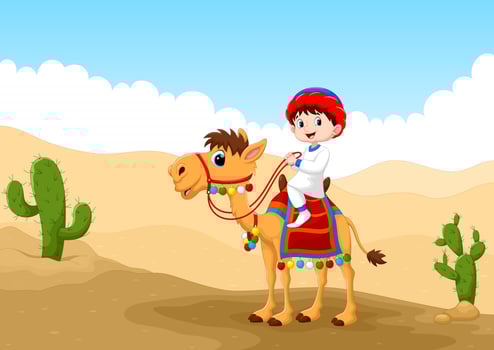 Arab boy riding a camel in the desert vector