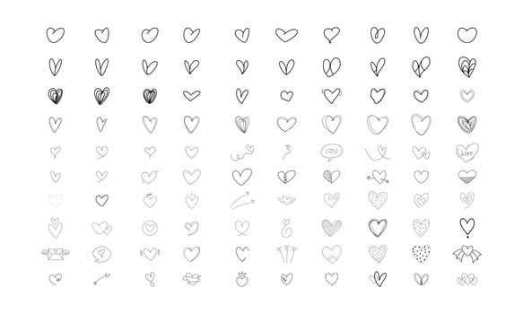 Hearts doodle on a white background. Vector hand drawn outline symbols for love, wedding, Valentine's day or other romantic design. Set of 100 various decorative shapes. Black doodle illustrations.