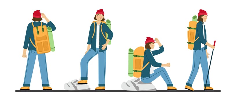 Set man traveler is engaged in hiking Hiking with a backpack A tourist in the mountains Vector illustration