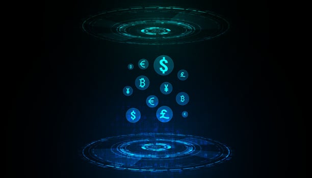 Abstract Digital circle Hologram Money transfer DeFi Decentralized Finance Blockchain, cryptocurrency and bitcoin, online, internet transaction Futuristic. vector