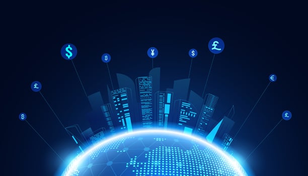 Abstract world smart city Digital Hologram DeFi Decentralized Finance Blockchain, currency and DeFi, online, internet transaction Futuristic. vector